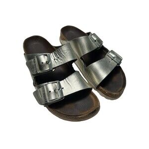Birkenstock Arizona Soft Footbed Women Sz 37 Leather Metallic Silver Sandals 125